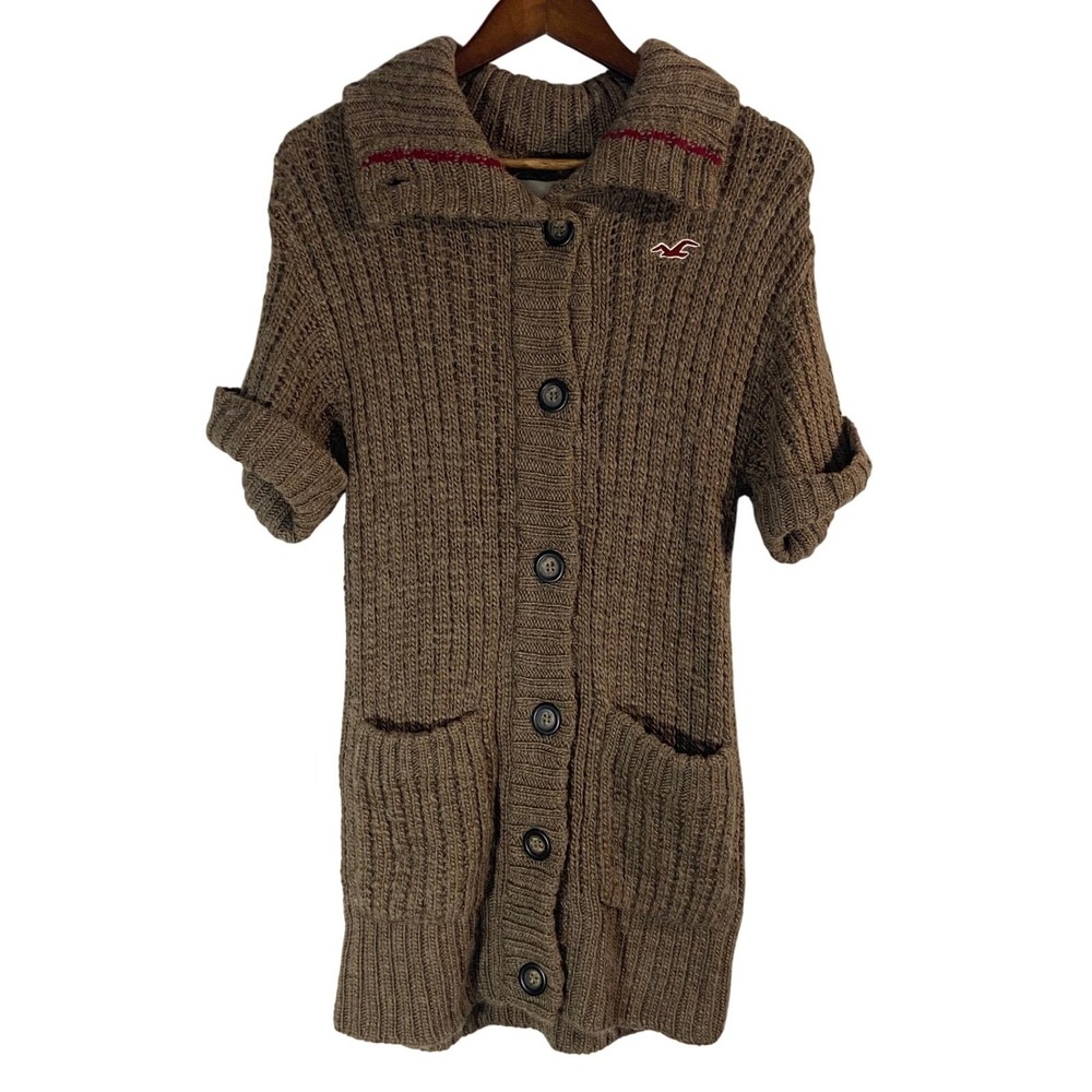 Hollister Womens XS Brown Long Chunky Knit Cardigan Sweater Wool Blend
